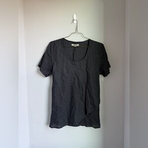 Flax Tunic Top Large 100% Linen Textured Cross Over Hem Short Sleeve Black